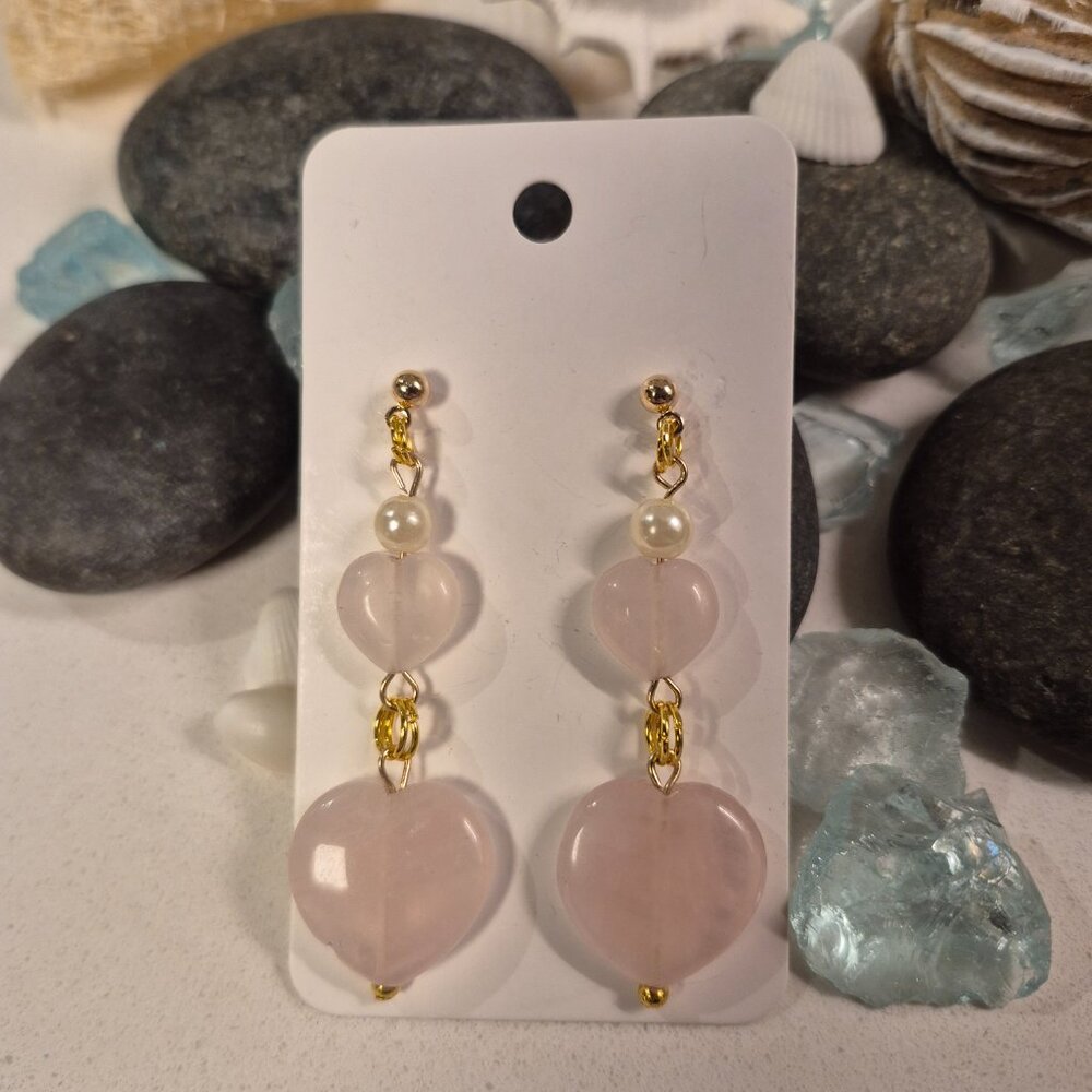 Rose Quartz Hearts Earings - Picture 5 of 8